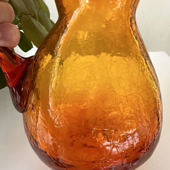 Vintage BLENKO Crackle Hand Blown Art Glass Tangerine/ Amberina Pitcher w Handle - Picture 7 of 9